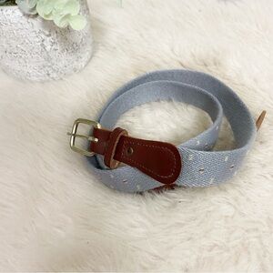 Vintage Woven Knit Preppy Blue Dot Print Genuine Brown Leather Belt